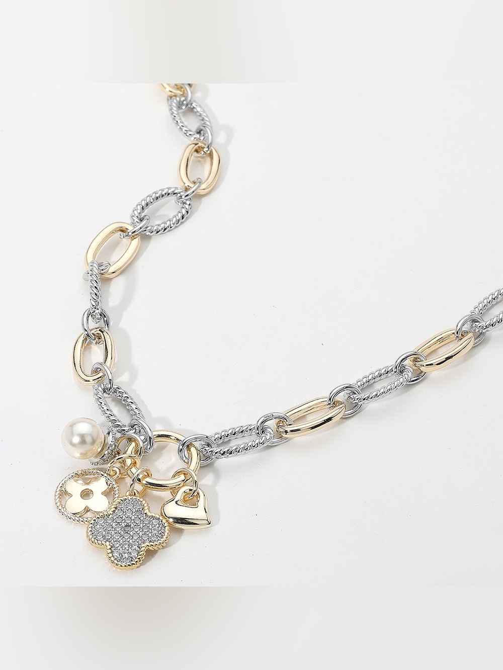 14K Gold Plated CZ Paved Quatrefoil Pearl Heart Pendant Chunky Chain Necklace